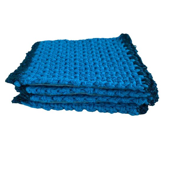 Mug Rugs Handmade Crochet Turquoise Blue Cotton Glitter Edging Set of 4 Coasters - Picture 3 of 10